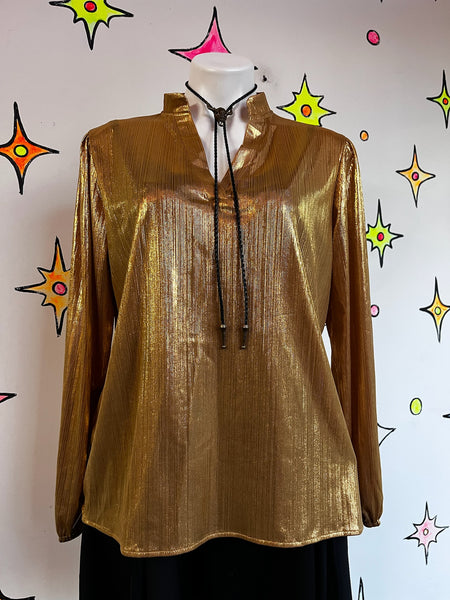 Vintage Y2K Golden Metallic Long Sleeve Blouse | Glam Disco Party Top – XL