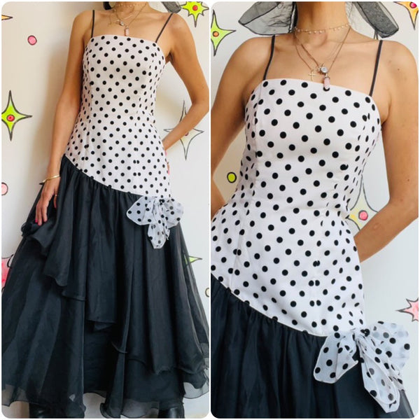Vintage 80s does 40s | Black and White Polka Dot Prom Party Dress | Size 38