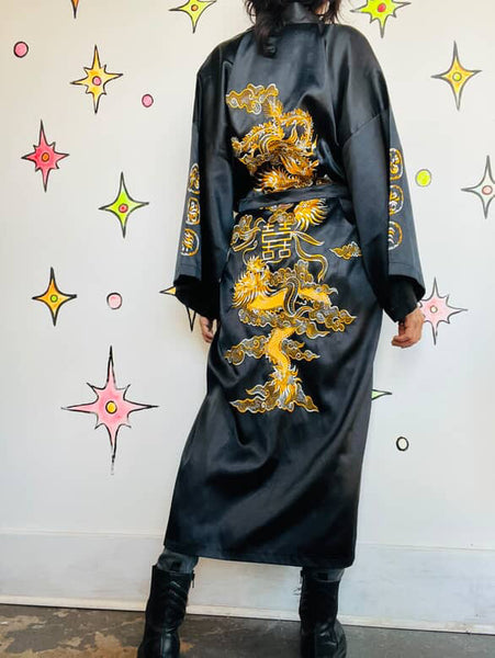 Vintage Black & Gold Satin Embroidered Kimono Lounge Robe w Dragon Size M-L