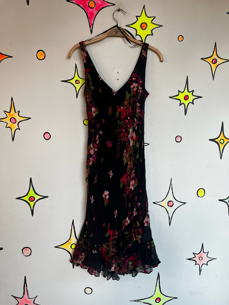 90s Y2K Black Witchy Boho Silk Fairy Grunge Slip Dress – Siren Floral Beaded 6P