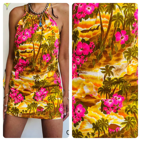 Vintage Tiki Hawaiian Halter Mini Dress - Boho Fairy Grunge - Small
