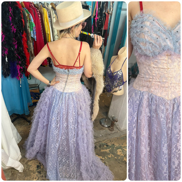 Vintage 50s 60s Lavender Lace Prom Party Cupcake Dress | Fit & Flare TuTu | XS