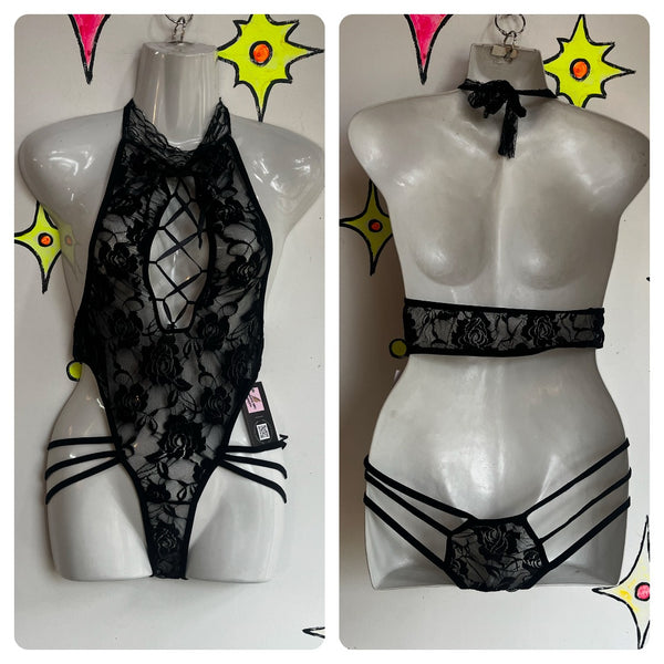 Vintage 90s Y2K | Black Lace Sexy Fairy Goth Teddy Lingerie Bodysuit | One Size