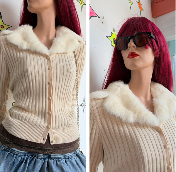 Vintage 90s Ann Taylor Off-White Cashmere Fur Trim Cardigan Coquette Glam S