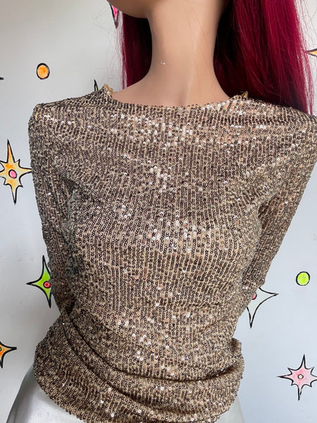 Vintage 90s Y2K Free People Gold Beaded Sequin Top Boho Glam Rockstar M