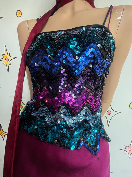 Vintage 70s Fully Sequined Chevron Striped Disco Top Glam Studio 54 Party S