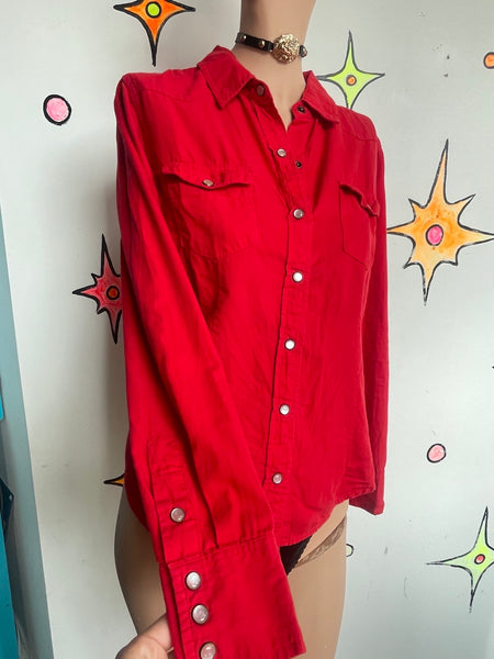 Red Pearl Snap Western Shirt Cowgirl Rodeo Button Up Boho Grunge Cotton Top - L