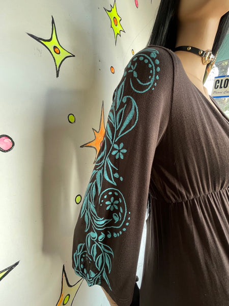 Y2K Brown and Blue Tattoo Print Mini Dress – Embroidered Boho Fairy Grunge S