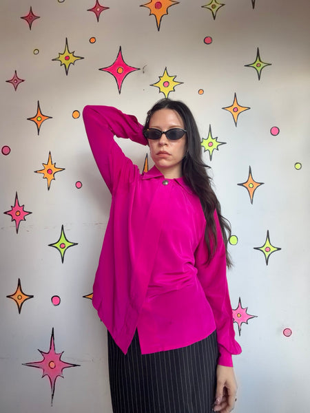 Vintage 80s Hot Pink Silk Blouse Bright Pink Glam Office Siren Top Maximalist M