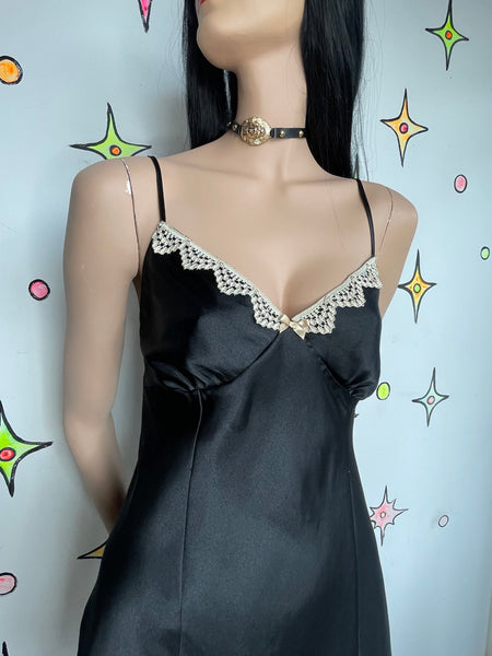 Y2K Black Satin & Lace Babydoll Slip Dress - Whimsy Goth Romantic - M