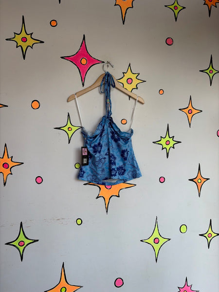 Y2K Tropical Halter Top | Hawaiian Floral Resort McBling Summer Crop Top S