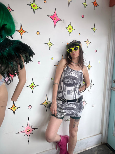 Y2K Dollar Bills Money Pop Art Glam Stretchy Bodycon Novelty Dress - S