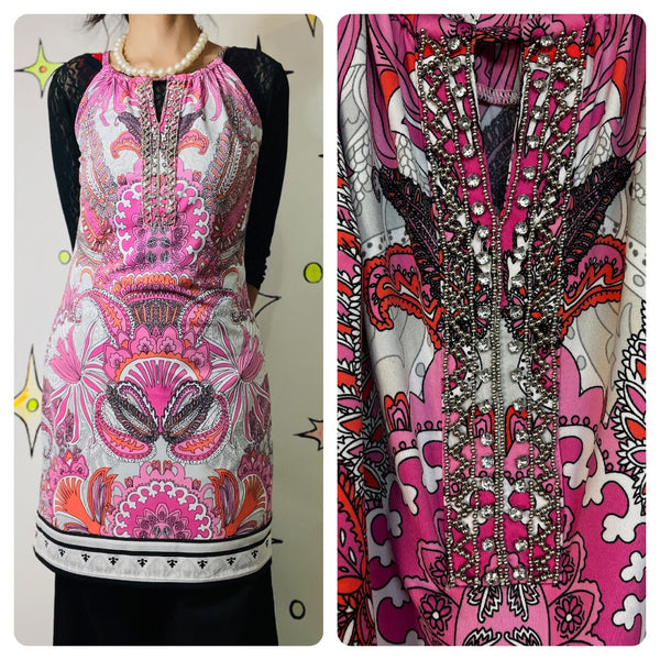 Vintage 90s Retro 60s 70s Mod GoGo Psychedelic Pink Paisley Mini Party Dress PS