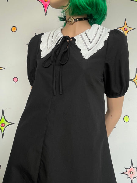 Black Wednesday Addams Dress White Lace Collar Lolita Babydoll Goth Schoolgirl M