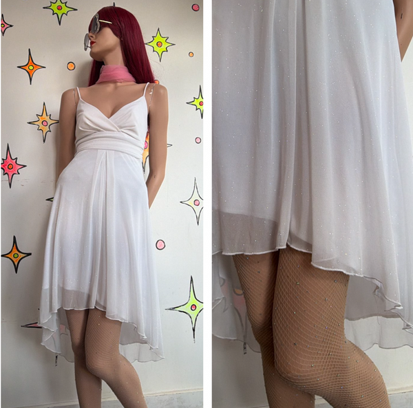 90s White Glitter Empire Slip Dress Marilyn Monroe Retro Glam Hankerchief Dress