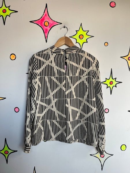 Vintage 80s Geometric Print Office Siren Blouse Power Top Secretary Chic 9/10