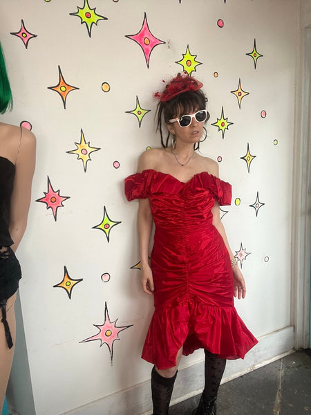 Vintage 80s Shiny Red Poofy Party Dress Prom Wild Glam New Wave Formal M