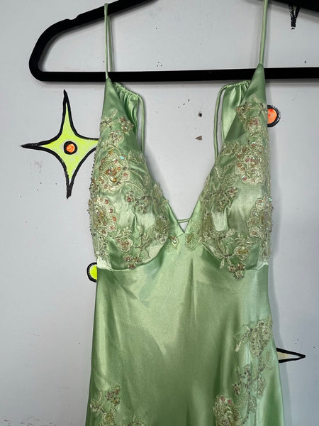 Y2K Pastel Green Satin Beaded Formal Gown Niki Livas Fairycore Prom S