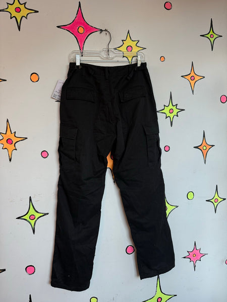 Y2K Black Cargo Pants Grunge Skater Utility Trousers Low Rise Indie Sleaze Baggy L