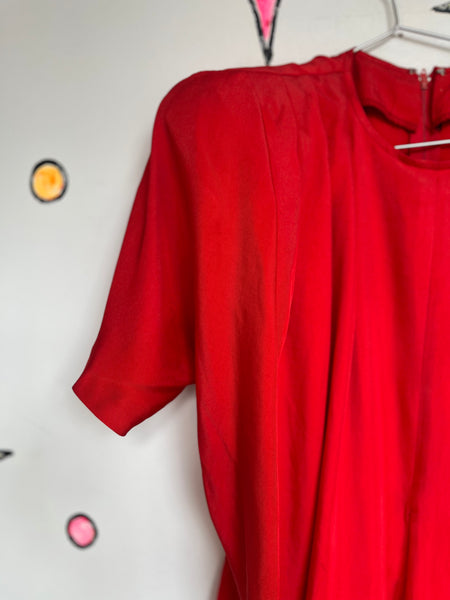 Vintage 80s Red Silk Sculptural Art Power Boss Dress | Shoulder Pad Cocktail | 8