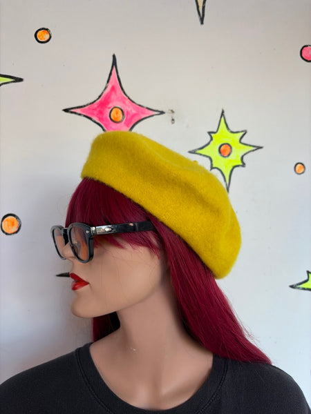 Bright Yellow Wool-Blend Beret Kawaii Whimsigoth Fairy Grunge Hat Accessory