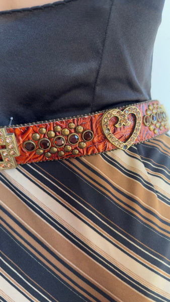 Y2K Rhinestone Studded Cowhide Leather Belt Western Cowgirl Bling Statement Belt