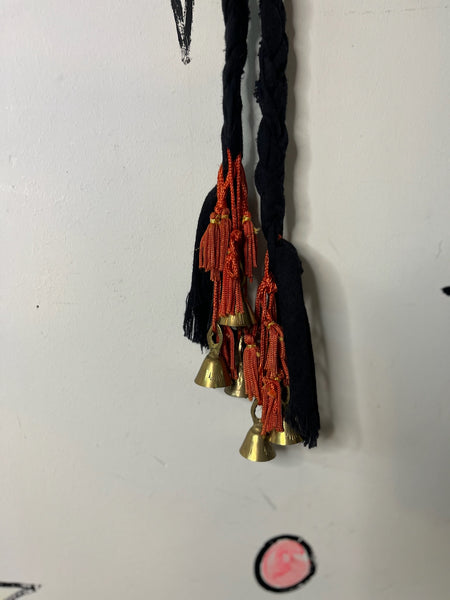 Vintage Black & Red Moroccan Berber Boho Belt – Bells & Tassels – Waist Sash