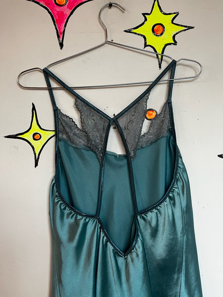 Vintage Pastel Blue Satin Lace Fairy Grunge Victorian Romantic Mini Slip Dress L