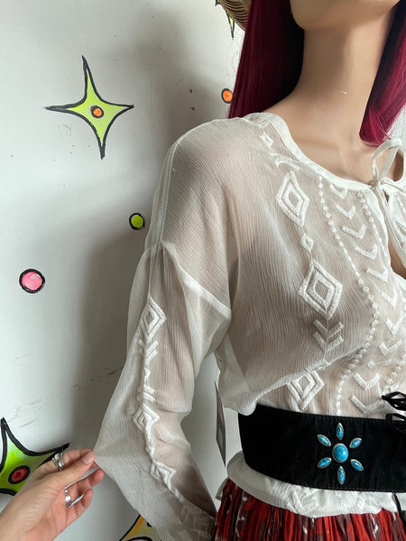White Sheer Western Boho Embroidered Blouse Top Oversized Layering Piece XL