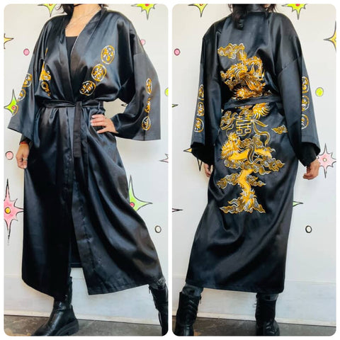Vintage Black & Gold Satin Embroidered Kimono Lounge Robe w Dragon Size M-L