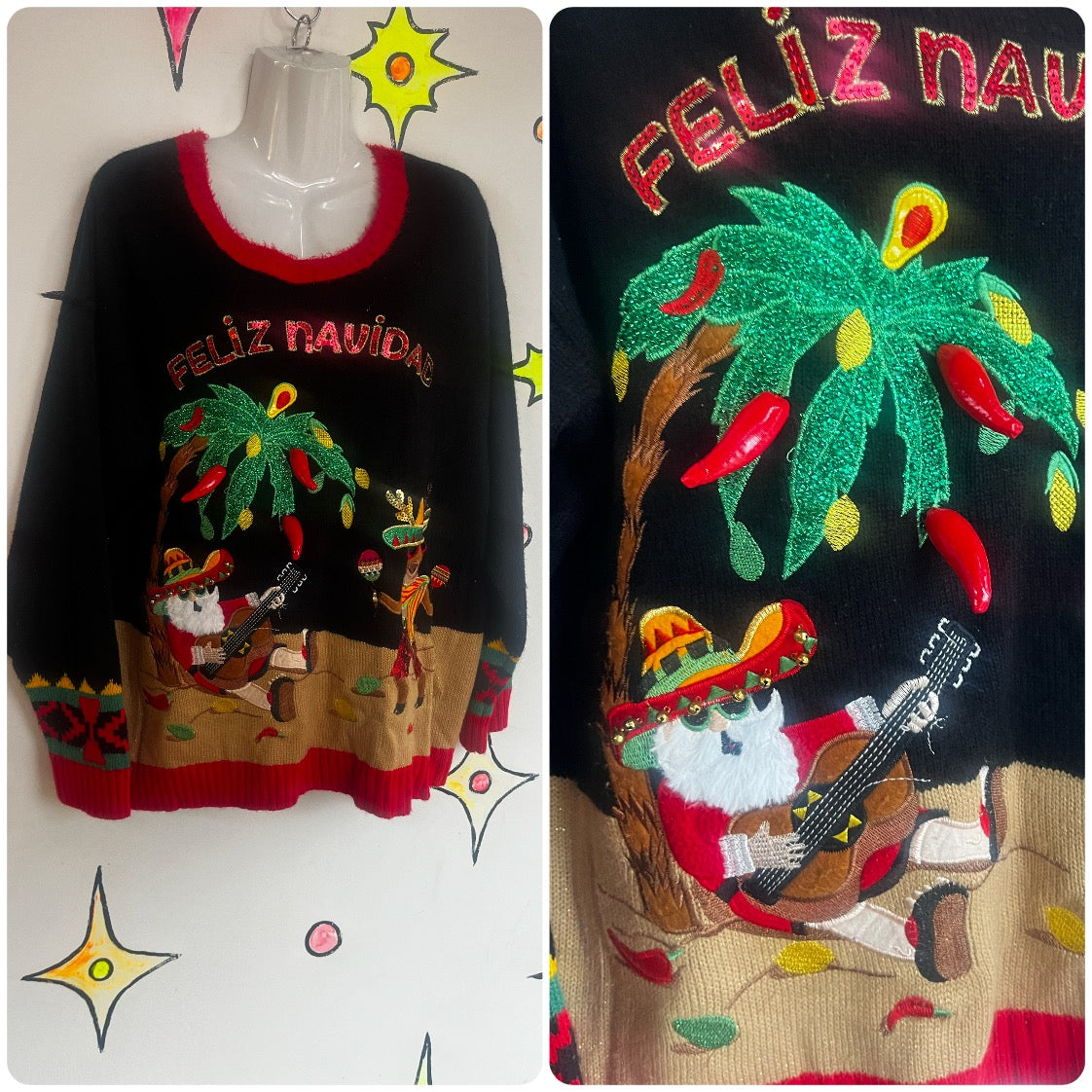 Vintage 90s Y2K | Feliz Navidad Tacky Ugly Embellished Christmas Sweater | 1X