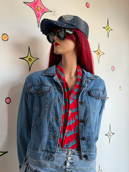 90s Embellished Beaded Denim Jean Jacket Fairy Grunge Whimsy Western S/M