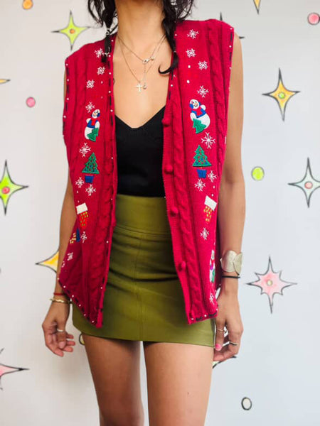 Vintage 90s Red Christmas Vest | Snowman Sweater Vest | Ugly Xmas Party – Size M