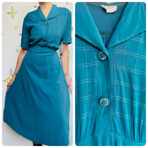 Vintage 1940s | Peacock Blue Shirtwaist Dress Fancy Buttons and Belt | M 8 / 10