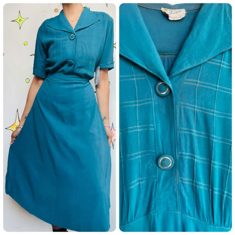 Vintage 1940s | Peacock Blue Shirtwaist Dress Fancy Buttons and Belt | M 8 / 10