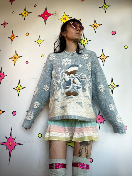 Vintage Teddy Bear Christmas Sweater Ugly Tacky Holiday Blue XL Novelty