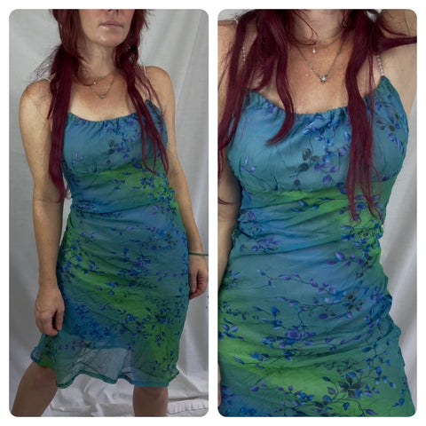 Y2K Blue Green Abstract Floral Mermaid Slip Dress Fairy Grunge Princess Midi S