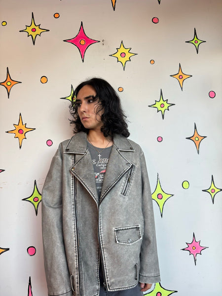 Y2K Distressed Vegan Leather Jacket | Grunge Goth Cyber Punk Rocker Jacket L