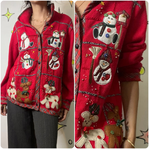 Vintage Embellished 80s 90s Red Ugly Tacky Christmas Sweater Cardigan Snowman L