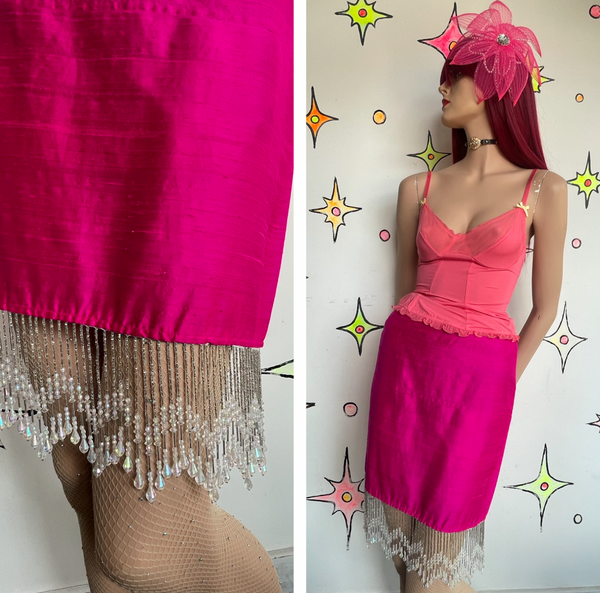 Johanne Beck Silk Luxe Hot Pink Skirt w Iridescent Beaded Fringe Flapper Glam S