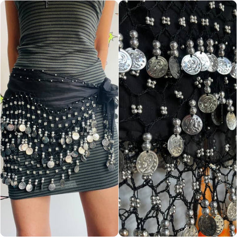 Vintage Black & Silver Coin Chainmail Belt - Boho Fairy Grunge Witchcore OS