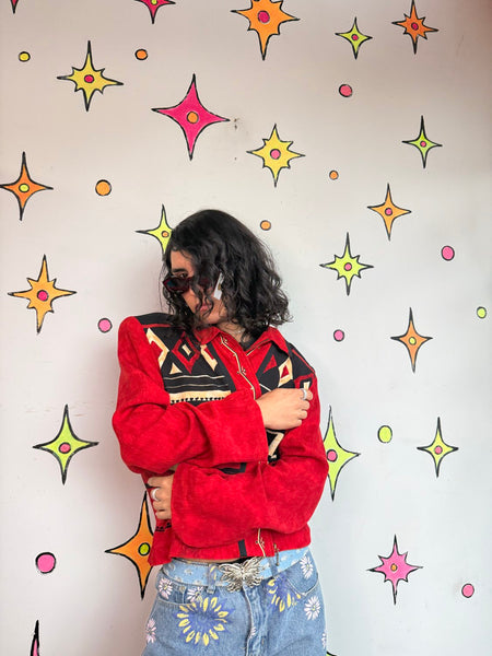 Red Western Blazer 80s Cowboycore Folk Art Jacket Office Siren Glam Statement L