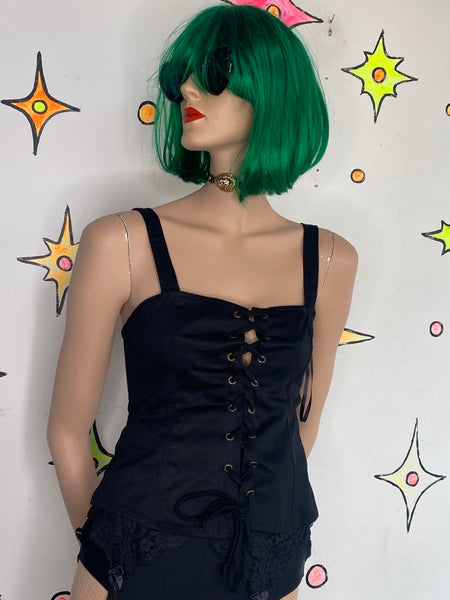 Romantic Black Lace Up Corset Top Y2K Fairy Goth Whimsy Grunge S