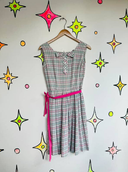 Vintage 1950s Pastel Plaid Dress | Bow Neck Fit & Flare | Size 5/6