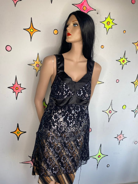 Black Metallic Lace Slip Dress | Whimsy Goth Fairy Grunge Sheer Lingerie Dress M