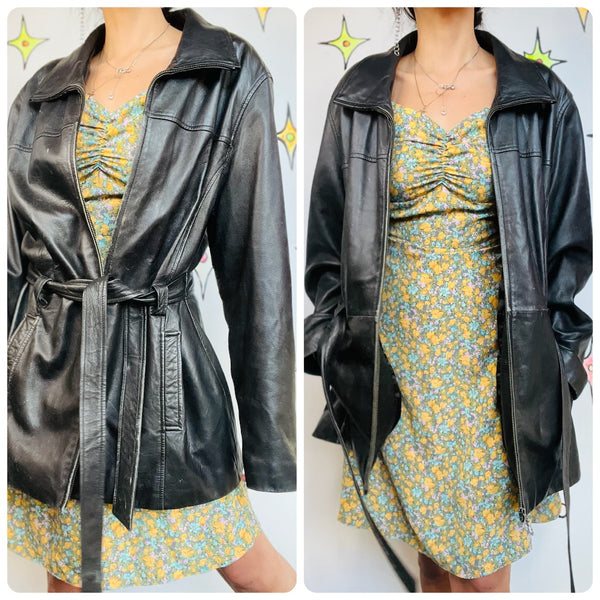 Vintage 90s Thrashed Black Leather Goth Boho Grunge Zip-Up Belted Trench Coat XL