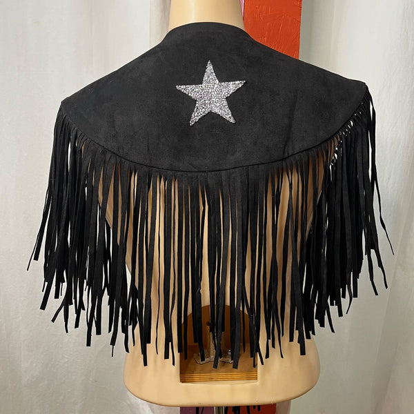 Retro Western Embellished Black Faux Suede Fringe Collar