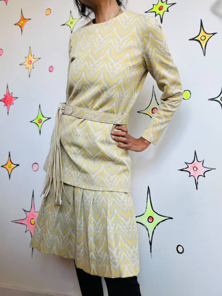 Vintage Groovy 60s 70s Nautical Sailor Art Print 2 Piece Mod Mini Dress Set S M