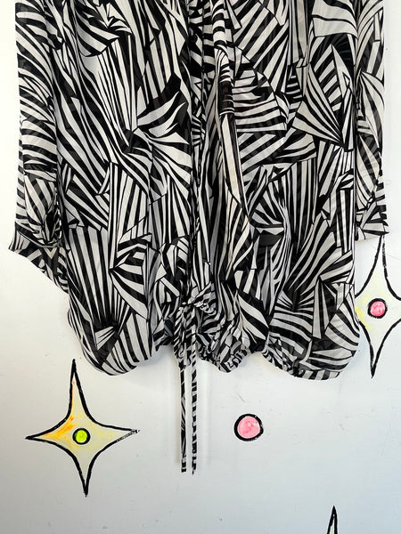 Nicole Miller Sheer Op Art Blouse Avant Garde Black White Statement Top Y2K L