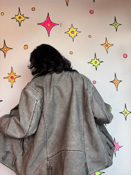 Y2K Distressed Vegan Leather Jacket | Grunge Goth Cyber Punk Rocker Jacket L